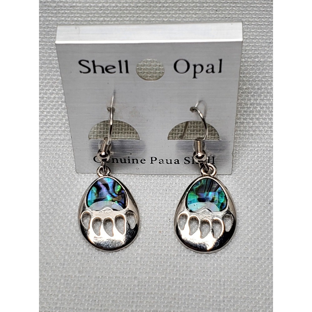 Paua Shell Bear Paw Dangle Earrings Silver Tone Genuine‎ Abalone Iridescent New